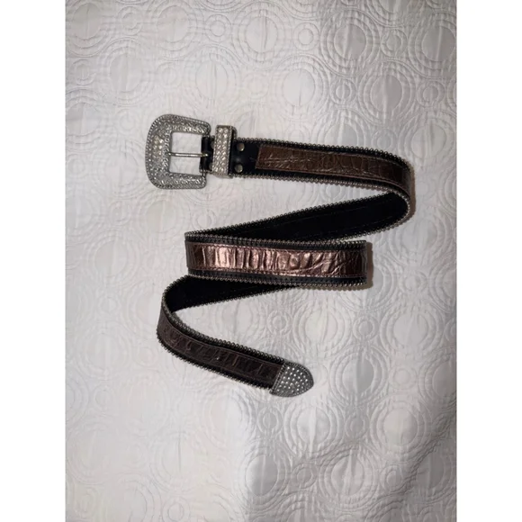 Western Rhinestone Bling Belt Croc Embossed Leather Cowgirl Y2K Western 37” - Picture 2 of 6